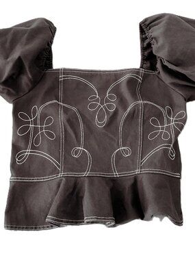 GB Gianni Bini Denim Western Embroidered Peplum Top Brown XXL - NWT